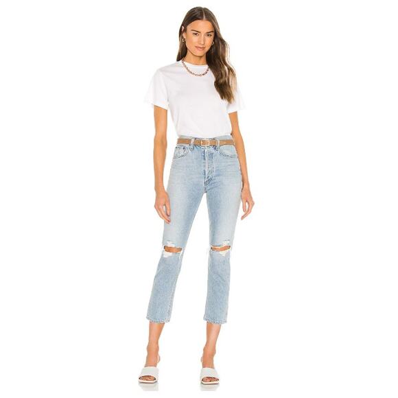 Agolde Denim - Agolde Light Wash Distressed Riley High Rise Straight Leg Cropped Jeans